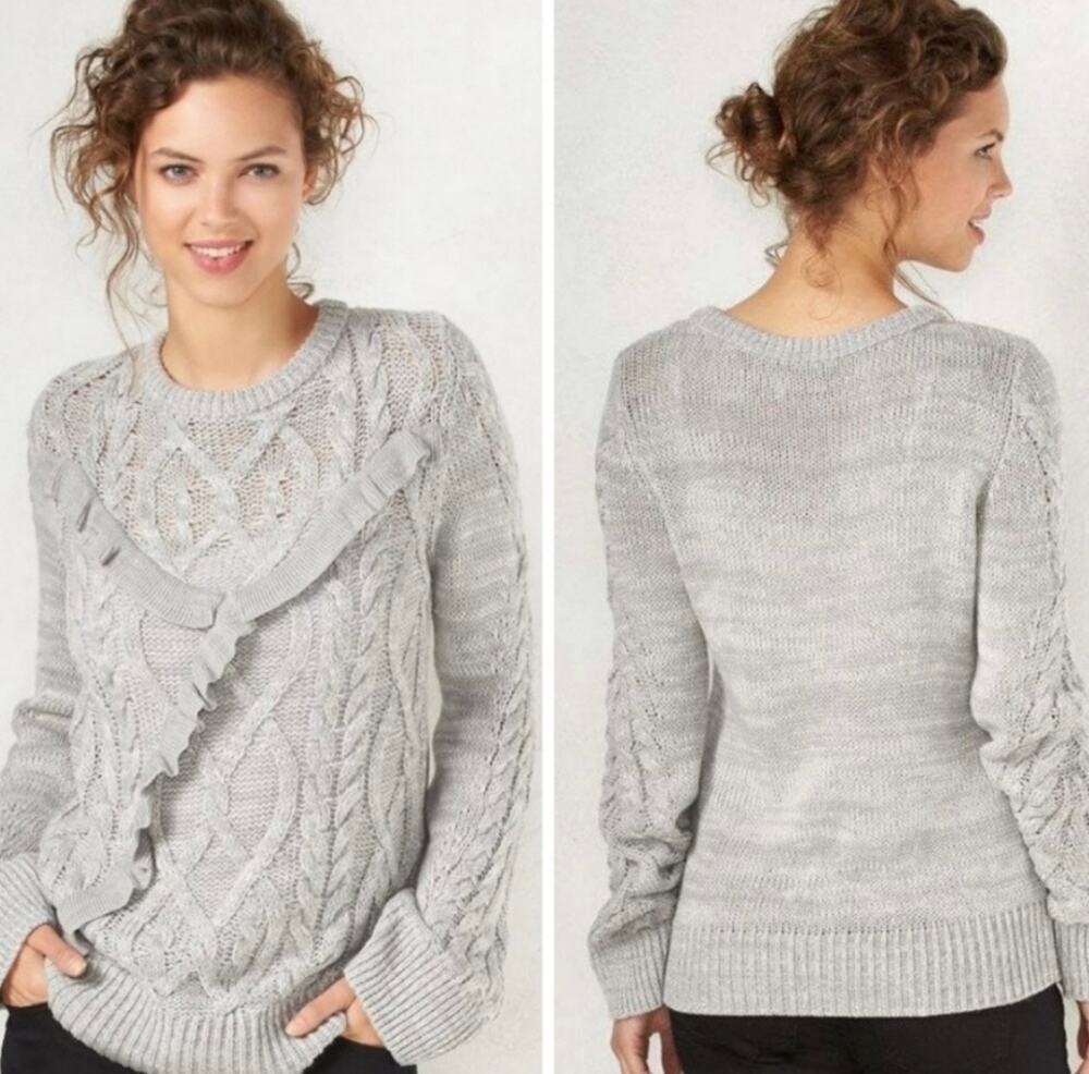 Lauren Conrad cable knit ruffled soft grey bell sleeve sweater